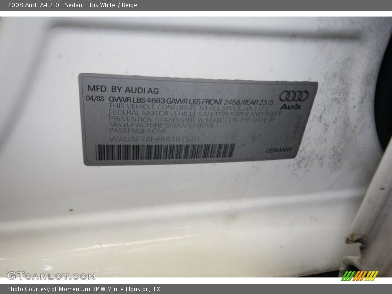 Ibis White / Beige 2008 Audi A4 2.0T Sedan
