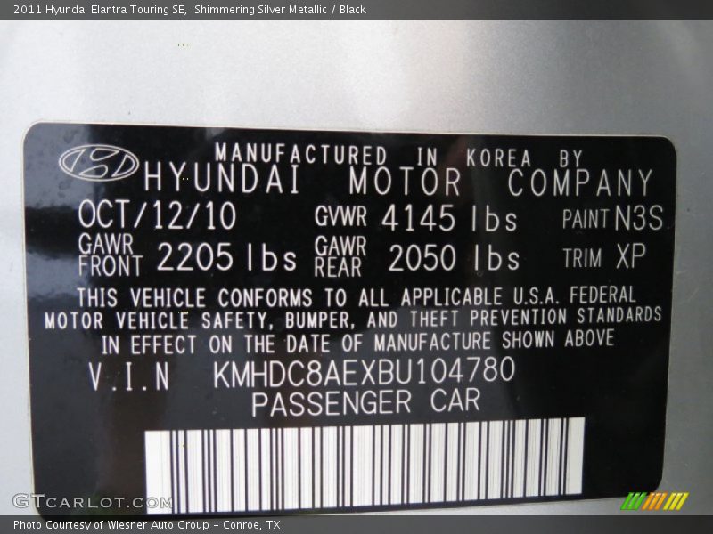 Shimmering Silver Metallic / Black 2011 Hyundai Elantra Touring SE