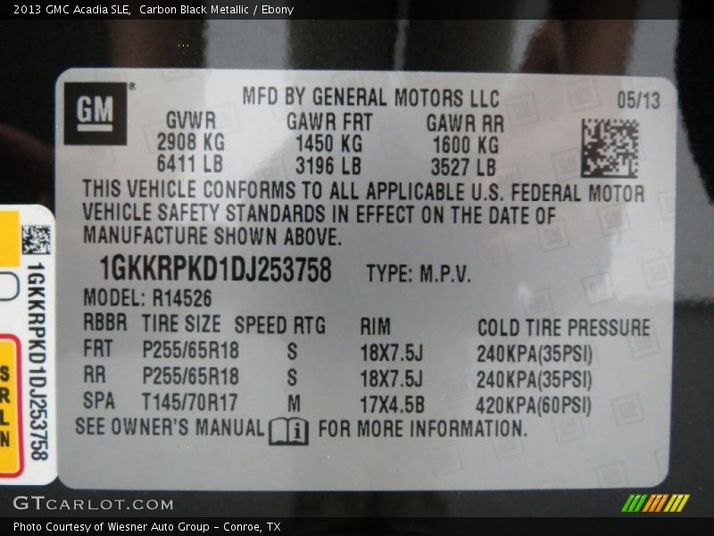 Carbon Black Metallic / Ebony 2013 GMC Acadia SLE
