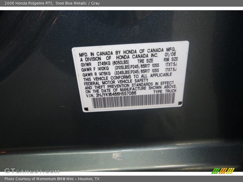 Steel Blue Metallic / Gray 2006 Honda Ridgeline RTS