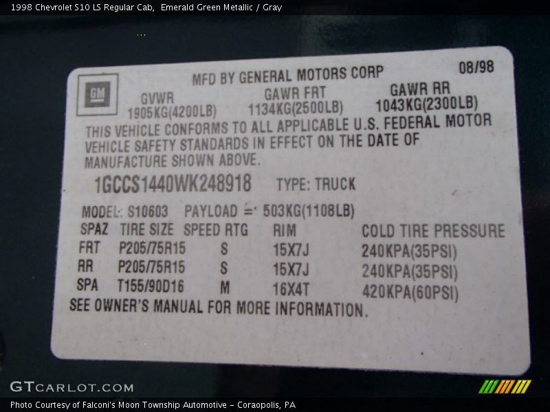 Info Tag of 1998 S10 LS Regular Cab