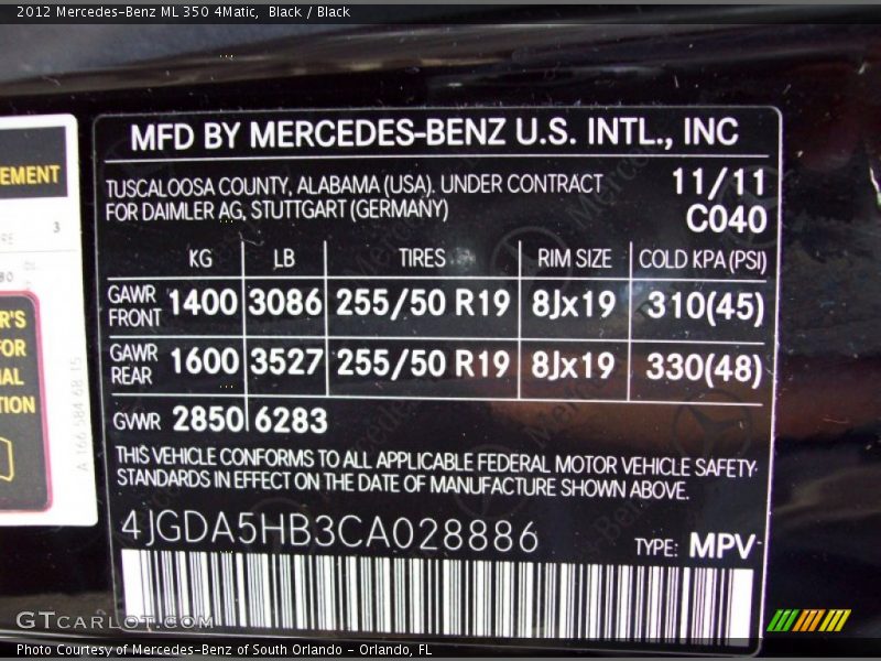 Black / Black 2012 Mercedes-Benz ML 350 4Matic