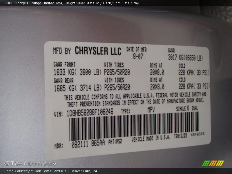 Bright Silver Metallic / Dark/Light Slate Gray 2008 Dodge Durango Limited 4x4