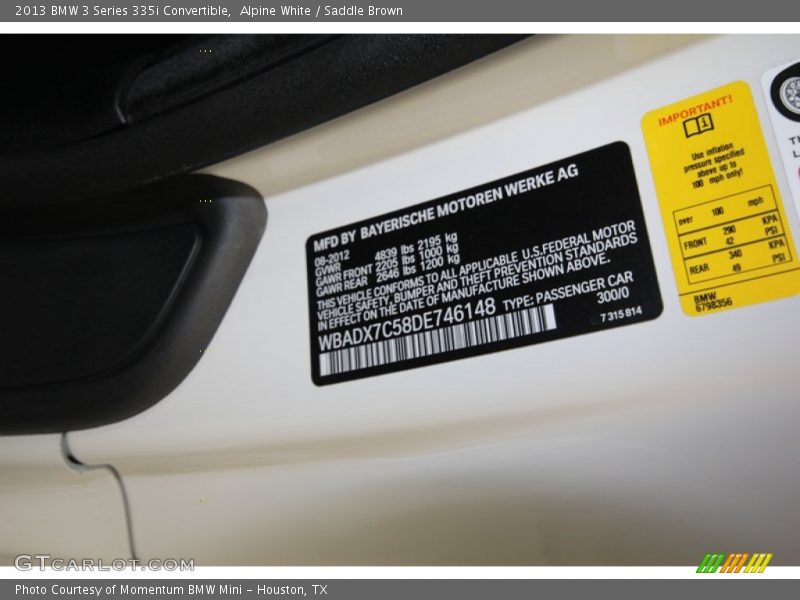 Alpine White / Saddle Brown 2013 BMW 3 Series 335i Convertible