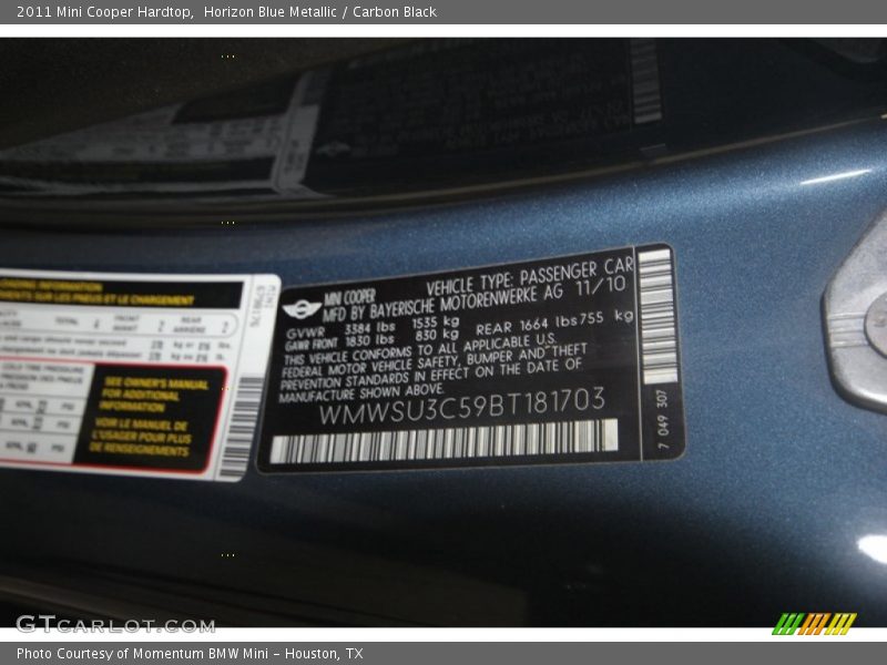 Horizon Blue Metallic / Carbon Black 2011 Mini Cooper Hardtop