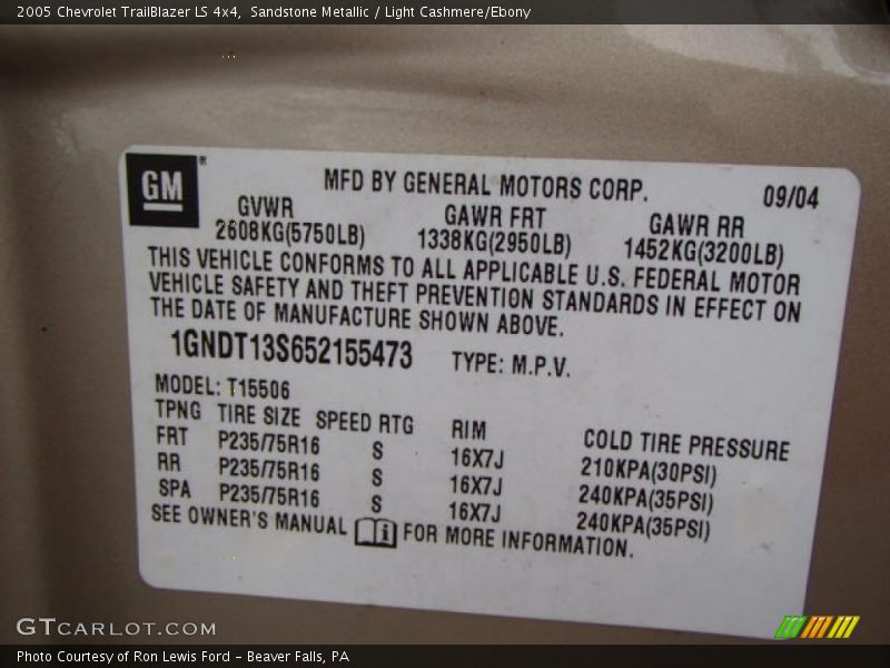 Info Tag of 2005 TrailBlazer LS 4x4