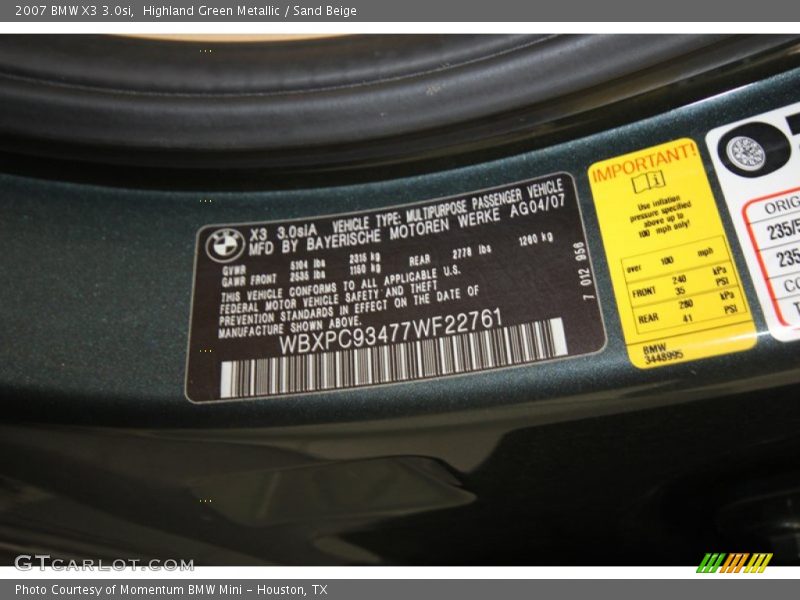 Highland Green Metallic / Sand Beige 2007 BMW X3 3.0si