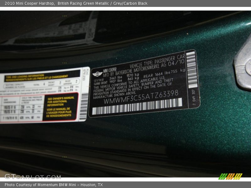 British Racing Green Metallic / Grey/Carbon Black 2010 Mini Cooper Hardtop