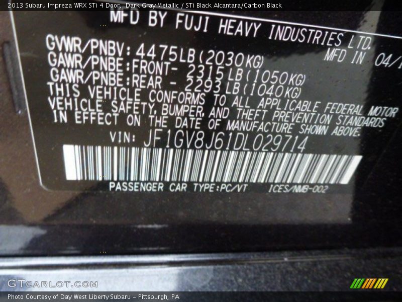 Dark Gray Metallic / STi Black Alcantara/Carbon Black 2013 Subaru Impreza WRX STi 4 Door
