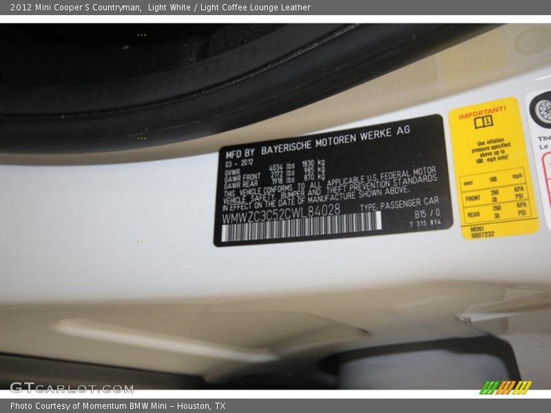 Light White / Light Coffee Lounge Leather 2012 Mini Cooper S Countryman