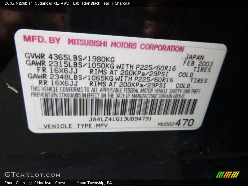 Labrador Black Pearl / Charcoal 2003 Mitsubishi Outlander XLS 4WD