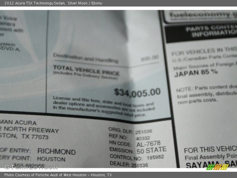 Silver Moon / Ebony 2012 Acura TSX Technology Sedan