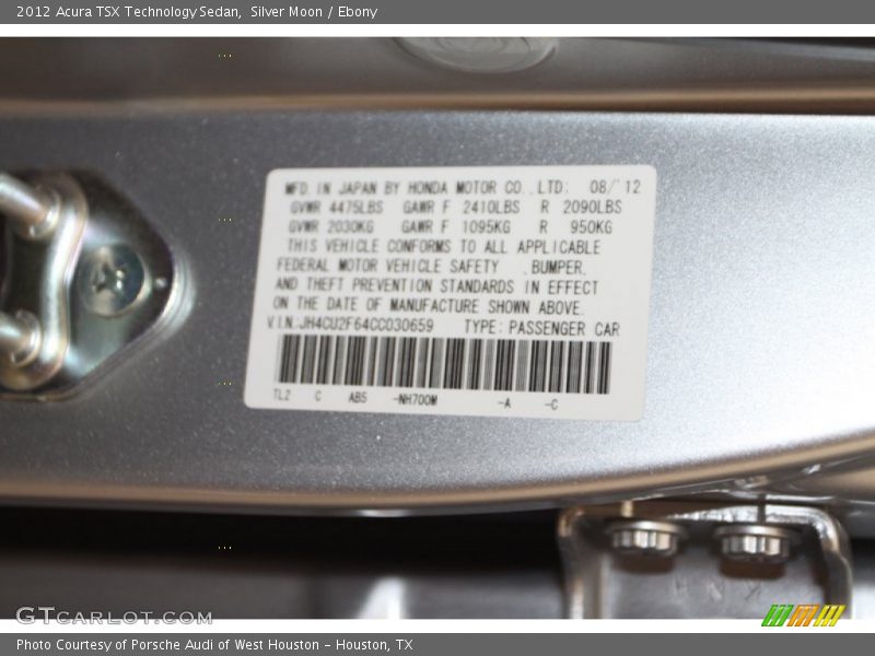 Silver Moon / Ebony 2012 Acura TSX Technology Sedan
