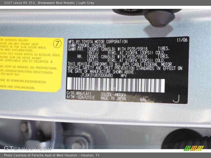 Breakwater Blue Metallic / Light Gray 2007 Lexus RX 350