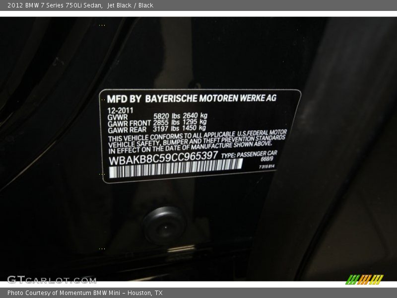 Jet Black / Black 2012 BMW 7 Series 750Li Sedan
