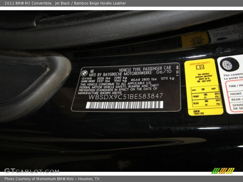 Jet Black / Bamboo Beige Novillo Leather 2011 BMW M3 Convertible