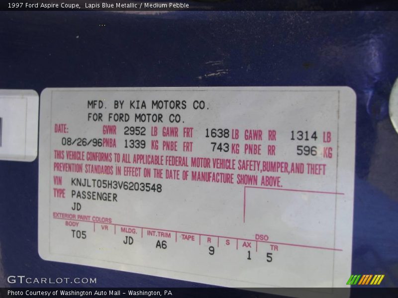 Lapis Blue Metallic / Medium Pebble 1997 Ford Aspire Coupe