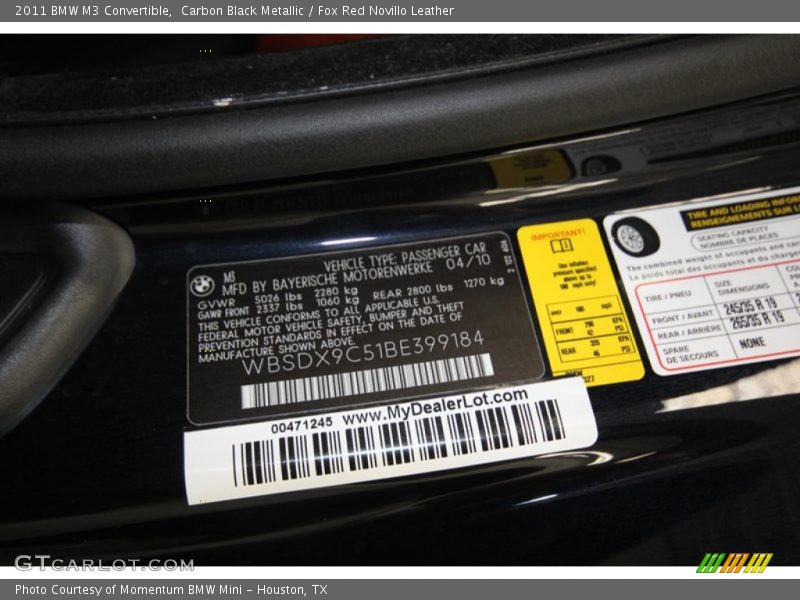 Carbon Black Metallic / Fox Red Novillo Leather 2011 BMW M3 Convertible
