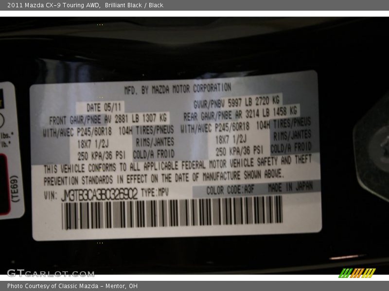 Brilliant Black / Black 2011 Mazda CX-9 Touring AWD