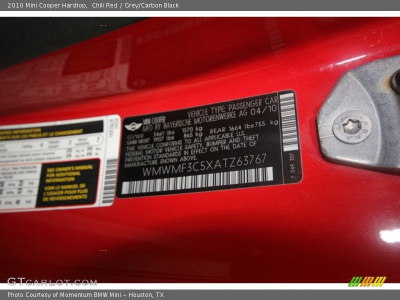 Chili Red / Grey/Carbon Black 2010 Mini Cooper Hardtop
