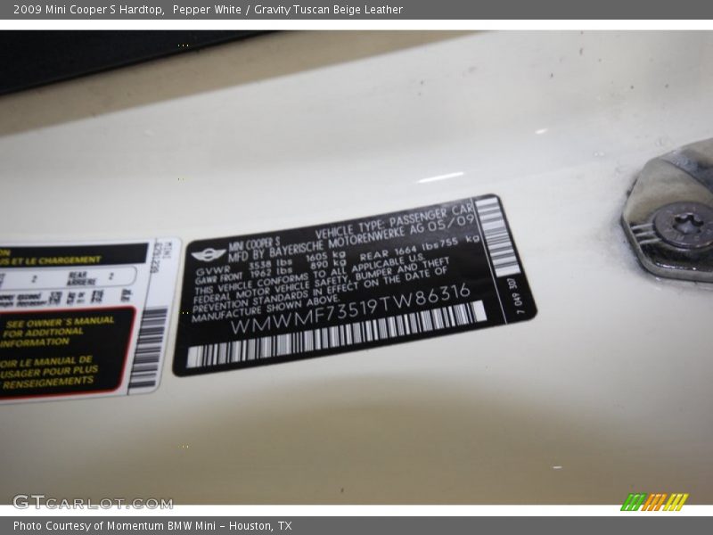 Pepper White / Gravity Tuscan Beige Leather 2009 Mini Cooper S Hardtop