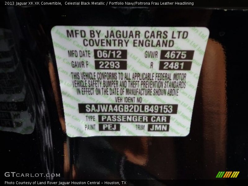 Celestial Black Metallic / Portfolio Navy/Poltrona Frau Leather Headlining 2013 Jaguar XK XK Convertible