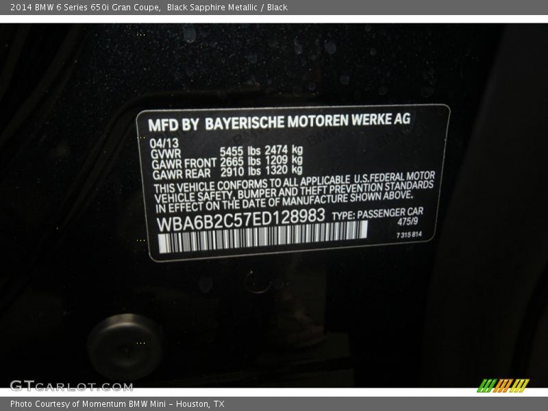 2014 6 Series 650i Gran Coupe Black Sapphire Metallic Color Code 475