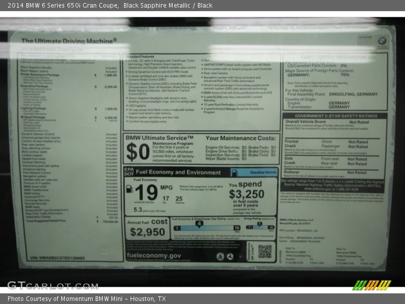  2014 6 Series 650i Gran Coupe Window Sticker