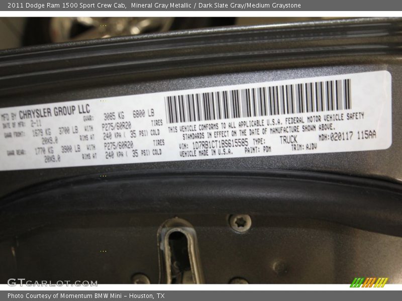 Mineral Gray Metallic / Dark Slate Gray/Medium Graystone 2011 Dodge Ram 1500 Sport Crew Cab