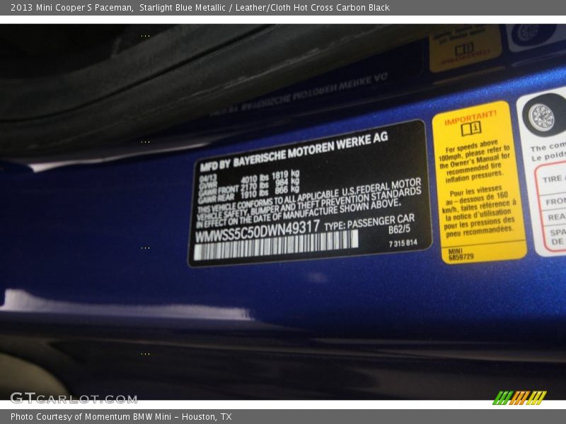Starlight Blue Metallic / Leather/Cloth Hot Cross Carbon Black 2013 Mini Cooper S Paceman
