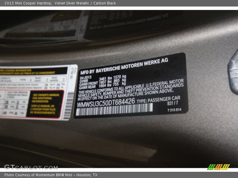 Velvet Silver Metallic / Carbon Black 2013 Mini Cooper Hardtop
