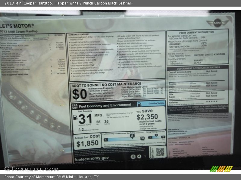 Pepper White / Punch Carbon Black Leather 2013 Mini Cooper Hardtop