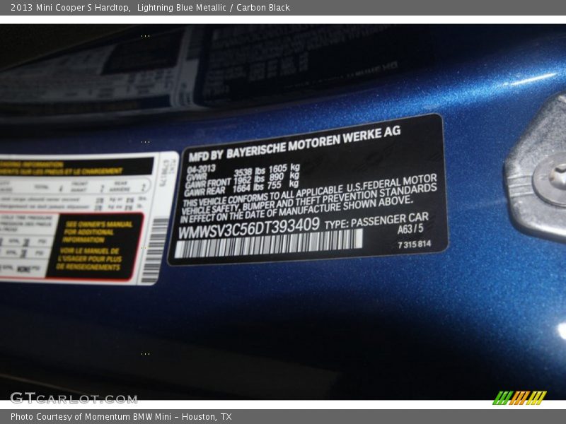 Lightning Blue Metallic / Carbon Black 2013 Mini Cooper S Hardtop