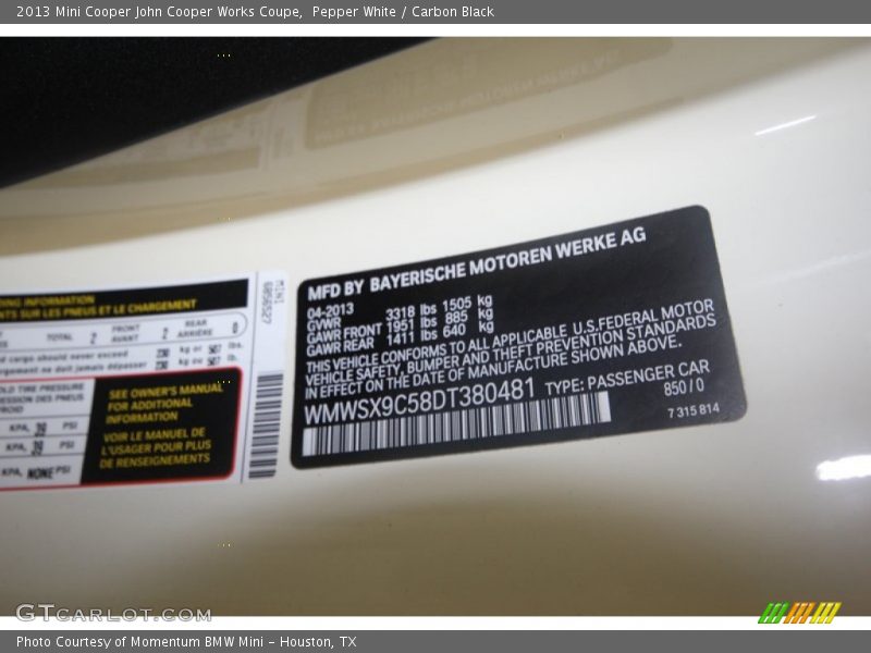 Pepper White / Carbon Black 2013 Mini Cooper John Cooper Works Coupe