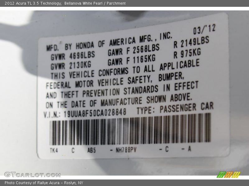 Bellanova White Pearl / Parchment 2012 Acura TL 3.5 Technology