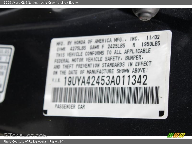 Anthracite Gray Metallic / Ebony 2003 Acura CL 3.2