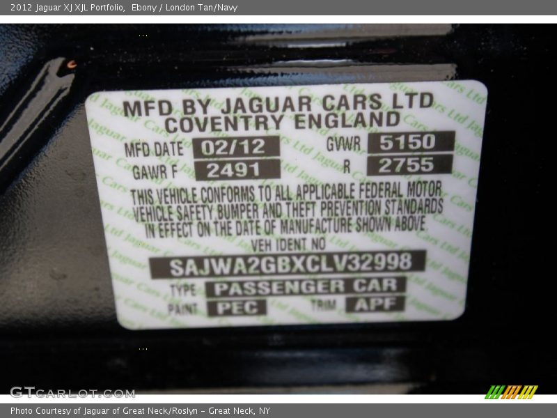 Ebony / London Tan/Navy 2012 Jaguar XJ XJL Portfolio