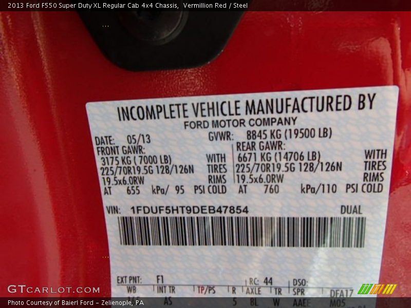 2013 F550 Super Duty XL Regular Cab 4x4 Chassis Vermillion Red Color Code F1
