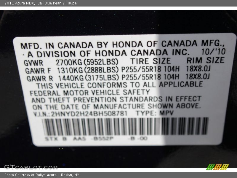 Bali Blue Pearl / Taupe 2011 Acura MDX
