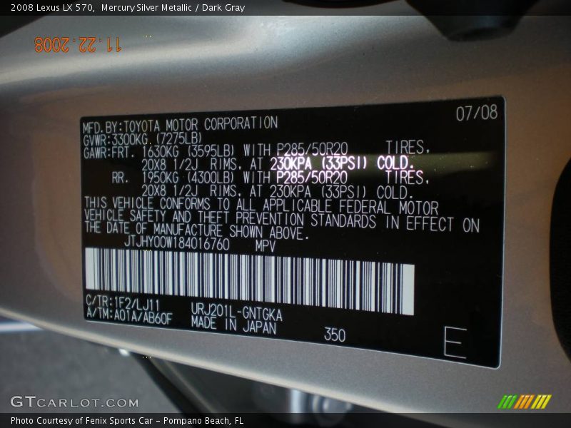 Mercury Silver Metallic / Dark Gray 2008 Lexus LX 570