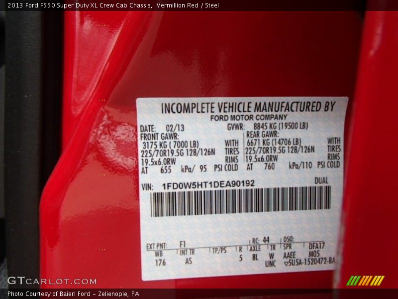 2013 F550 Super Duty XL Crew Cab Chassis Vermillion Red Color Code F1