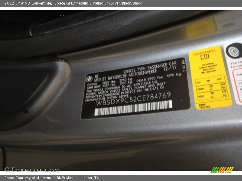 Info Tag of 2012 M3 Convertible
