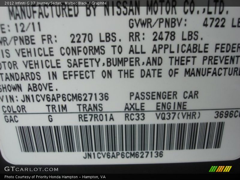 2012 G 37 Journey Sedan Malbec Black Color Code GAC