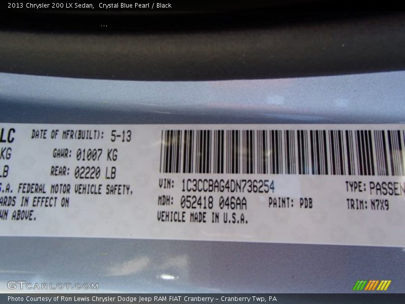 Crystal Blue Pearl / Black 2013 Chrysler 200 LX Sedan