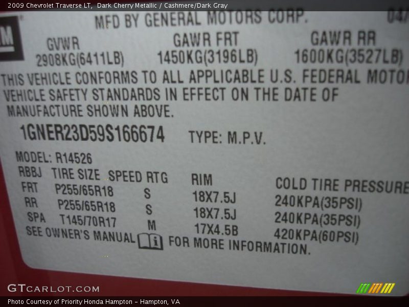 Dark Cherry Metallic / Cashmere/Dark Gray 2009 Chevrolet Traverse LT