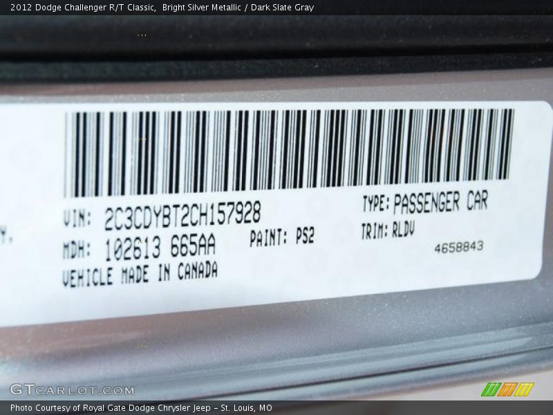 Bright Silver Metallic / Dark Slate Gray 2012 Dodge Challenger R/T Classic
