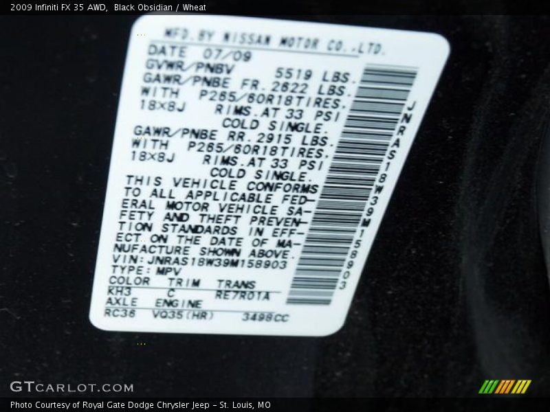 Black Obsidian / Wheat 2009 Infiniti FX 35 AWD