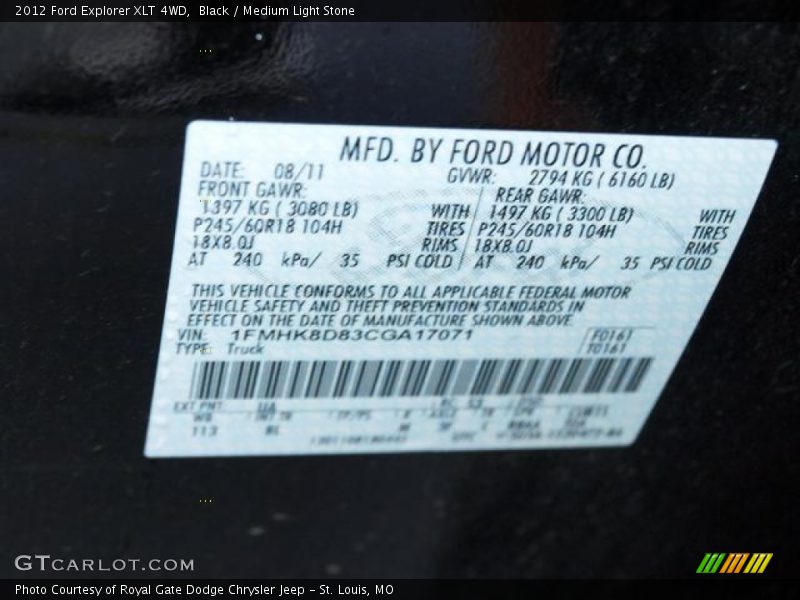Black / Medium Light Stone 2012 Ford Explorer XLT 4WD