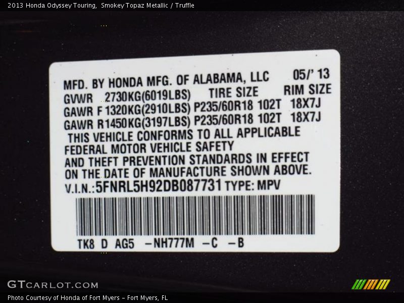 Smokey Topaz Metallic / Truffle 2013 Honda Odyssey Touring