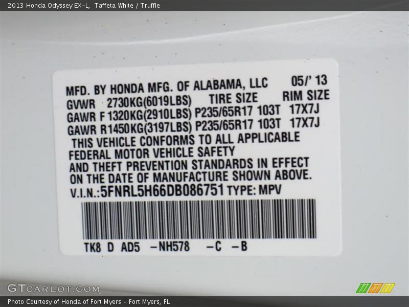Taffeta White / Truffle 2013 Honda Odyssey EX-L
